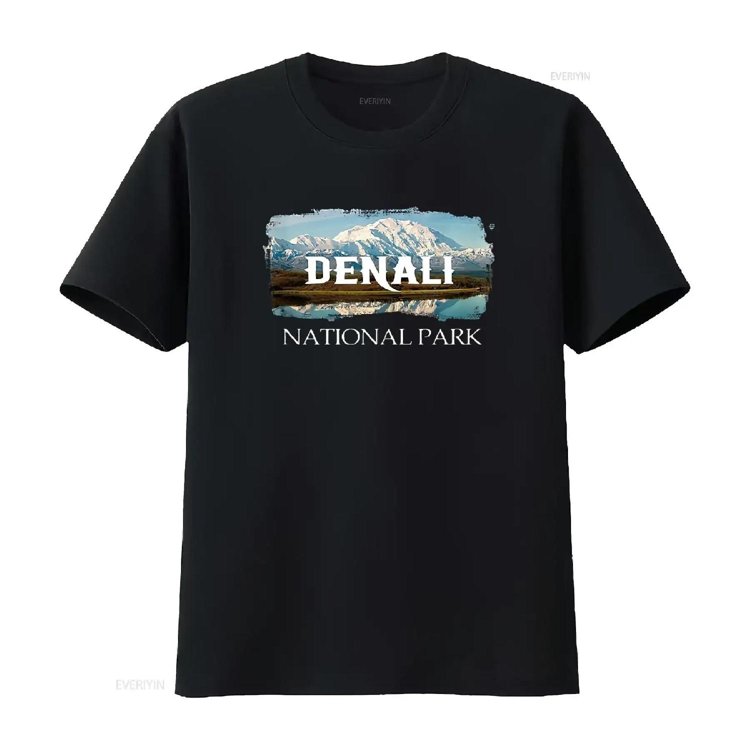 Mens Retro Vintage Denali Alaska National Park Design T Shirt Black Large vintage Washed Slightly Casual Comfortable fashion S