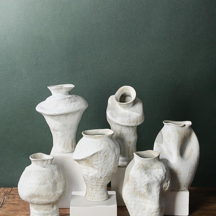 Vintage Wabi-Sabi White Concave Ceramic Vase - Handmade Minimalist Design