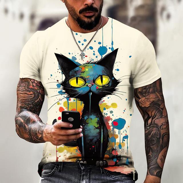 Men's T-Shirt Animation Cat Graffiti Pattern Short Sleeve T-Shirt Animal Print Tops Oversized Tees Summer Men's Clothing 4XL