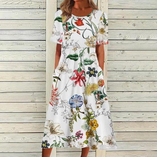 Summer Women Dress Round Neck Floral Print A-line Loose Hem Side Pockets Short Sleeves Mid-calf Length Vacation Daily Lady Midi Dress