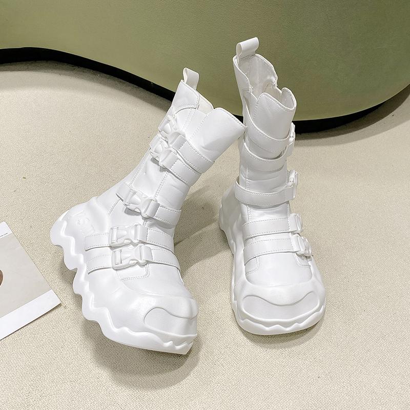 Fashion Women Chunky Mid-Calf Boots New Autumn Leather High Platform Round Toe Ladies Shoes Punk Buckle Motorcycle Boots Winter Sneakers