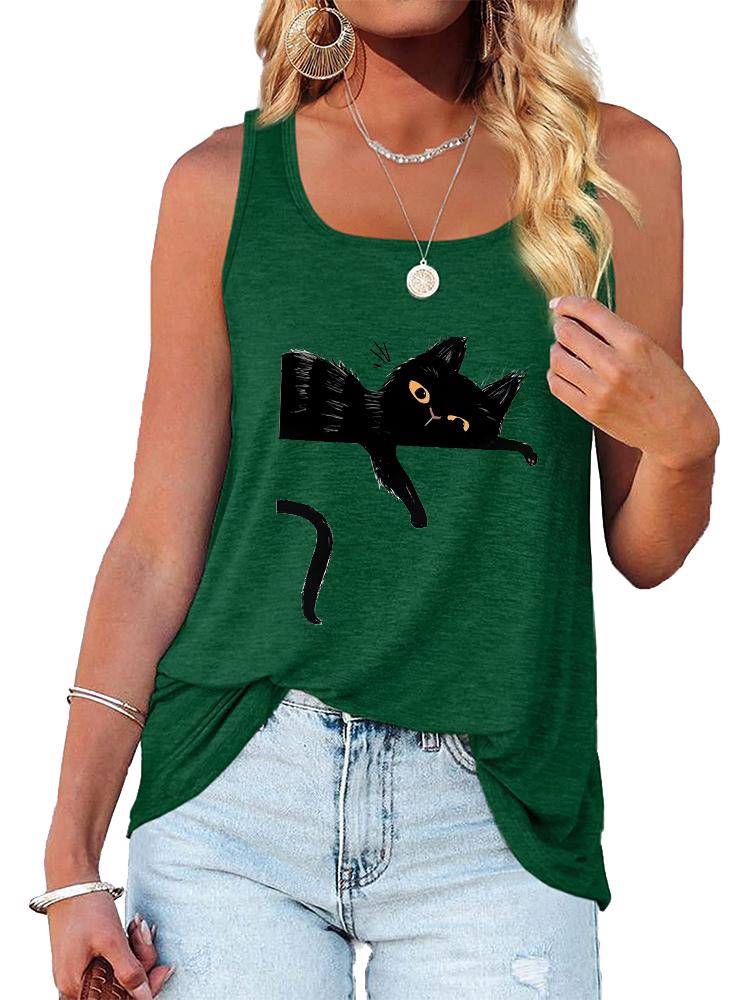 Women Fashion Cat Printed Tank Top Summer Casual Round Collar Sleeveless Shirt