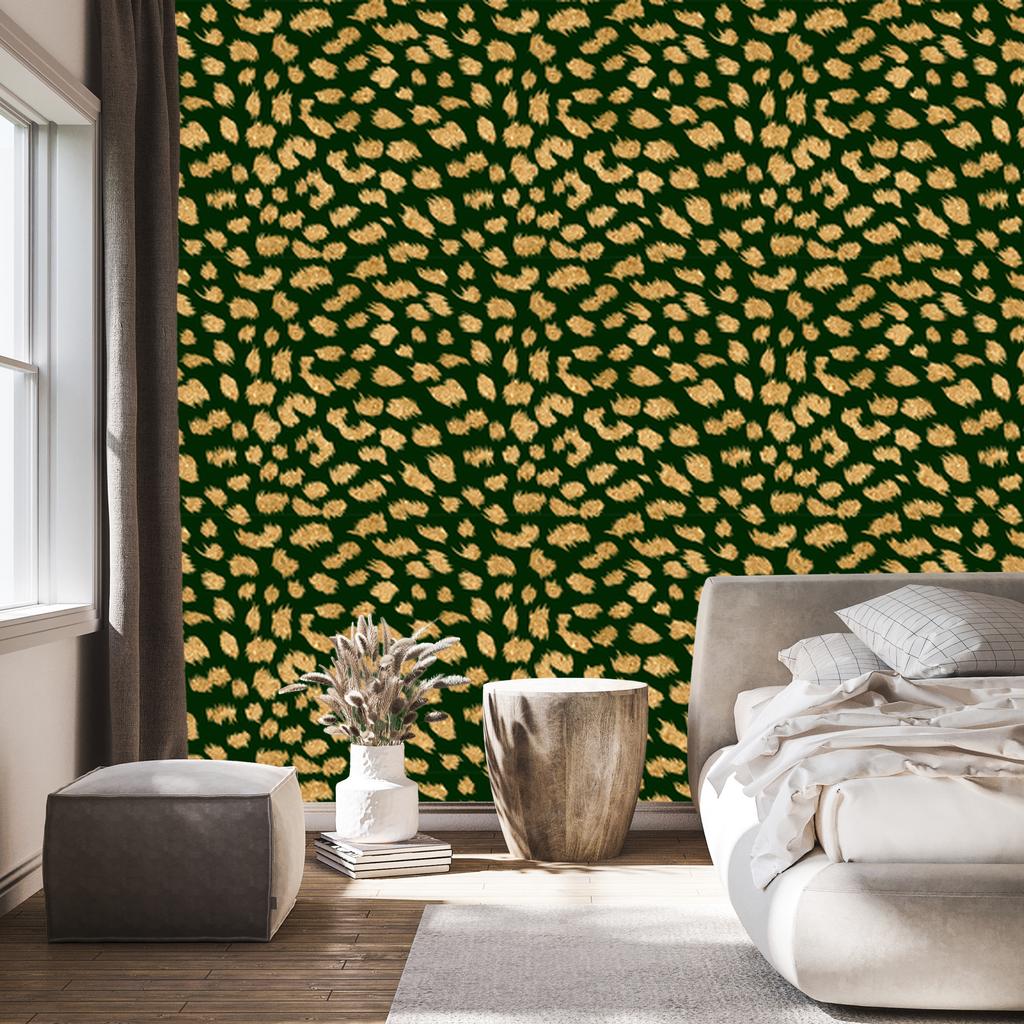 Bottle Green Leather Wallpaper, Gold and Yellow, 50x1000