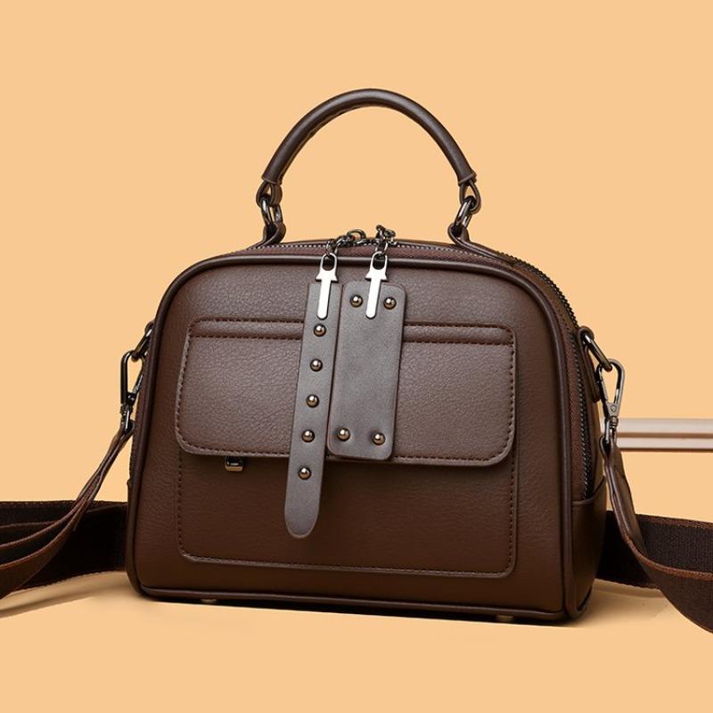 Klassische kleine Leder-Umhängetasche Vintage Boston Bag mit Reißverschluss und Nieten-Details Ideal für den täglichen Gebrauch, Arbeit, Einkaufen und Treffen mit Freunden