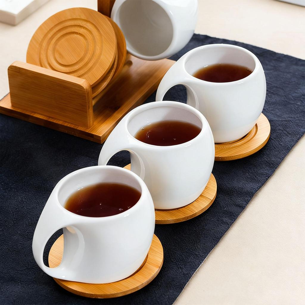 Nordic Style Ceramic Coffee Mug Set with Natural Bamboo Tree Cup Holder and Non-slip Coasters Stylish Kitchen Organizer for Tea and Coffee Home Decor
