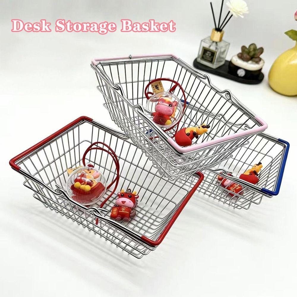 1pc Metal Wire Mini Shopping Basket 2 Sizes Available with Handle Desktop Storage Basket Metal Wire Basket Stationery Holder