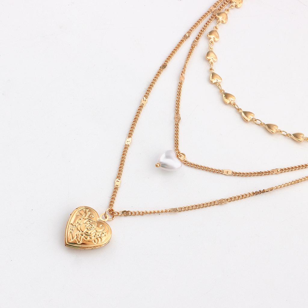 Temperament multi-layer love chain pearl can be opened peach heart pendant necklace female ins wind