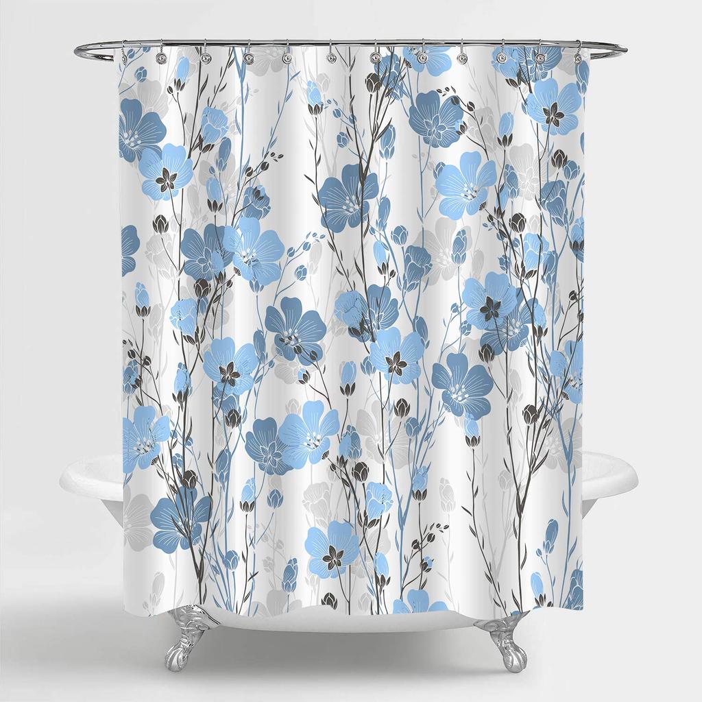 Blue Floral Shower Curtain Watercolor Flower Bath Curtain Polyester Fabric Waterproof Bathroom Curtains with Hooks Bath Screen
