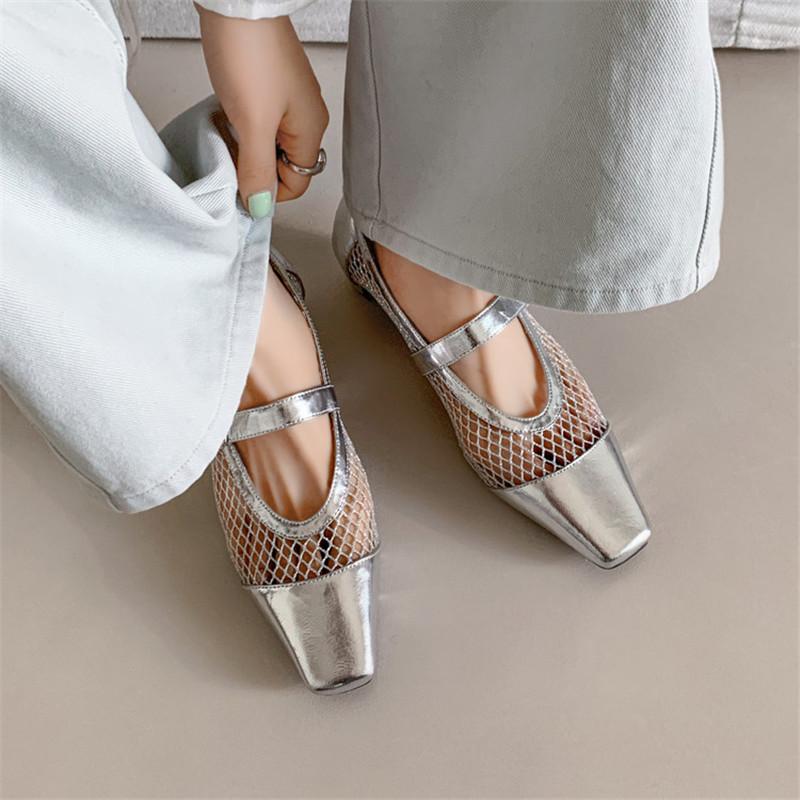 Fashion New Summer Sandals Square Toe Sandals for Women Fashion Hollow Out Mesh Cover Toe Low Heels Sandals Ladies Shoes Mary Jane Shoes