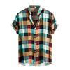 Stand Collar Short Sleeve Men Shirt Buttons Closure Men Plaid Printed Shirt Streetwear