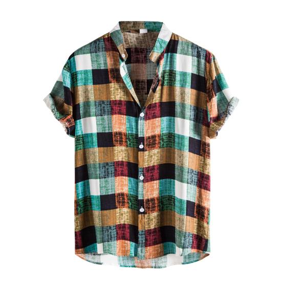 Stand Collar Short Sleeve Men Shirt Buttons Closure Men Plaid Printed Shirt Streetwear