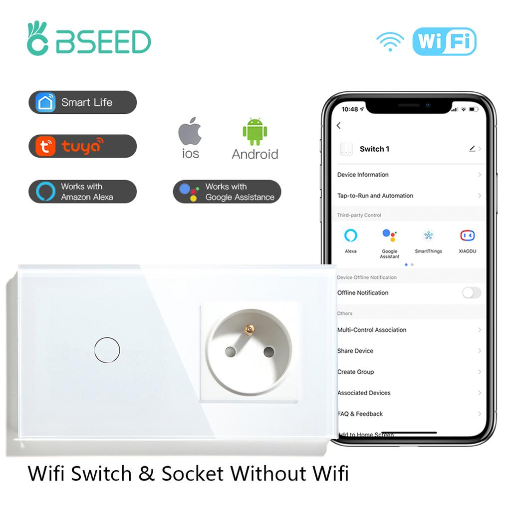 BSEED WLAN Touchschalter 1/2/3fach mit normaler FR-Steckdose Glasplatte Smart Wandschalter für Licht Tuya APP Steuerung Blaue Hintergrundbeleuchtung
