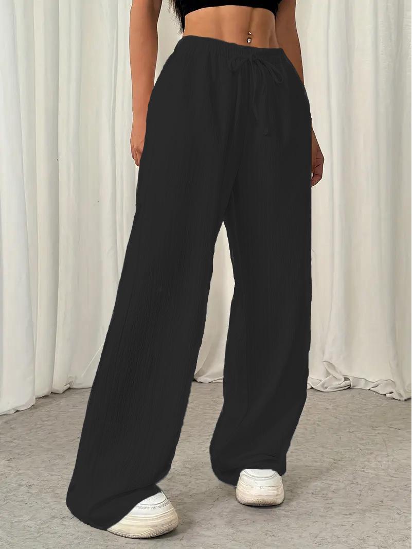 Women s Plus Size Solid Color Crinkled Wide-Leg Pants with Drawstring Waist 1XL