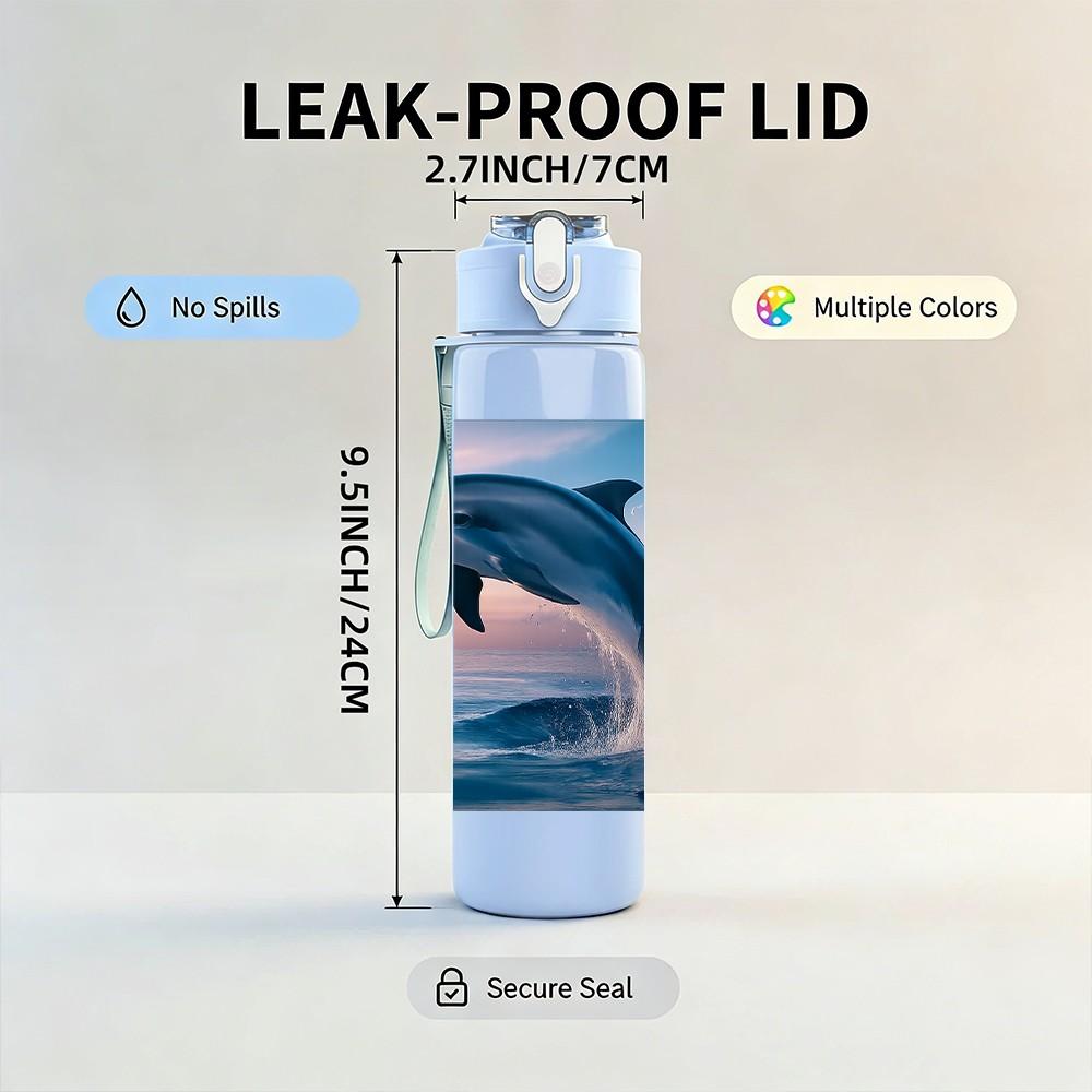 1PC Jumping Dolphin Ocean Wave Print 750ml Color Plastic Sports Water Bottle Leakproof Flip Straw Lid Suitable for Sports Office Home Use