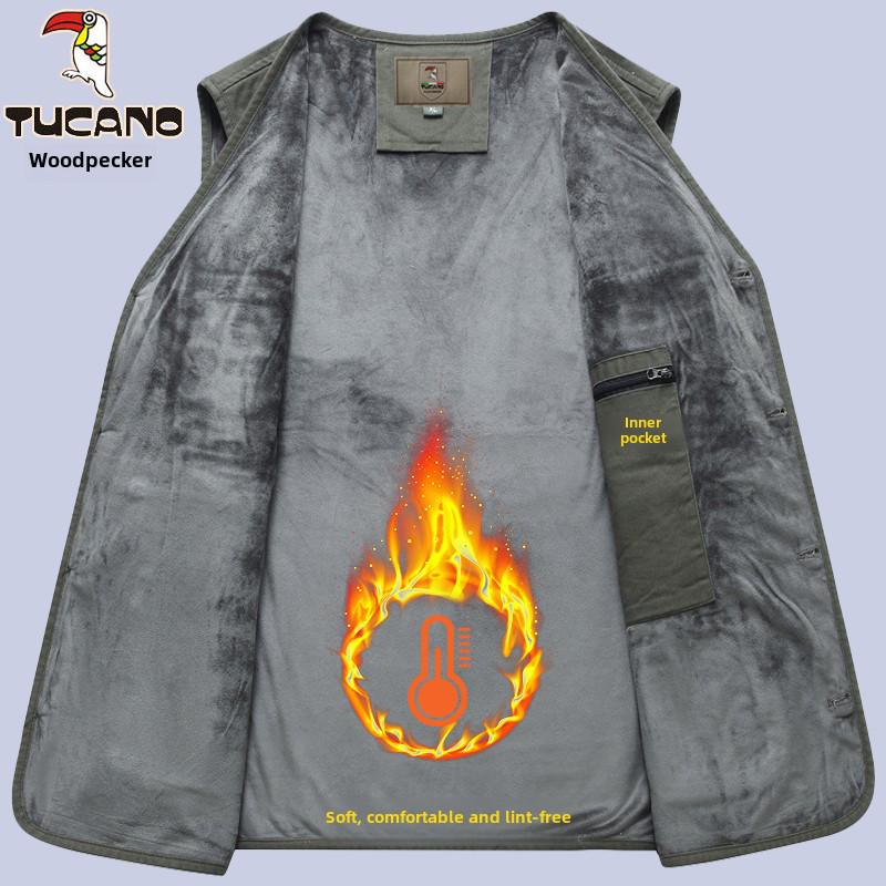 Woodpecker Men's Warm Fleece Lined Vest - Thickened Cotton Sleeveless Jacket for Autumn and Winter