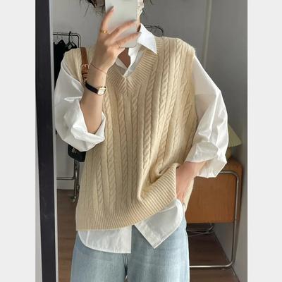 V Neck Cable Knit Vest Women Spring Autumn Cardigan Waistcoat Layering Sweater Top