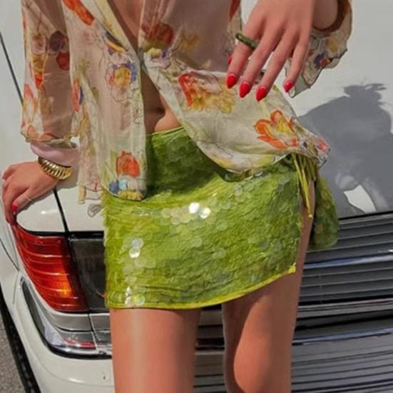 Dámská mini sukně s vysokým pasem, design se šněrováním na boku, krátká sukně, lesklé flitry, sukně obepínající boky, sexy párty sukně