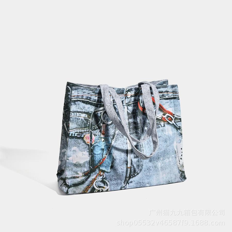 Nuova Borsa in Denim con Design Stampato, Borsa a Tote Lavata di Grande Capacità, Borsa a Mano Singola Spalla da Donna