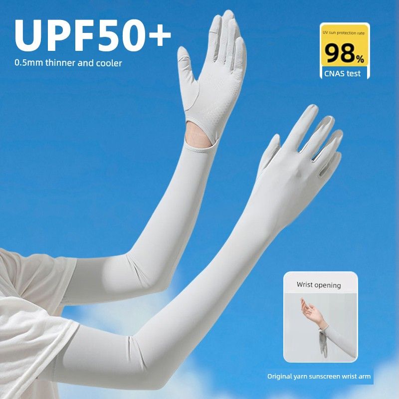 UPF50 + Ice Silk Sun Protection Gloves for Women Summer Long Five Finger UV Protection Driving Non Slip Cycling Thin Sleeve