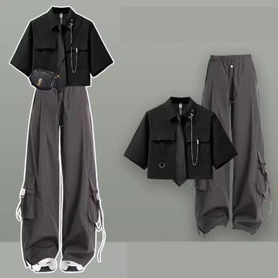 Girl Summer Casual Tracksuit Matching Set Korean College Short-sleeve Shirt+Sport Wide Leg Cargo Pants Two-piece Suit