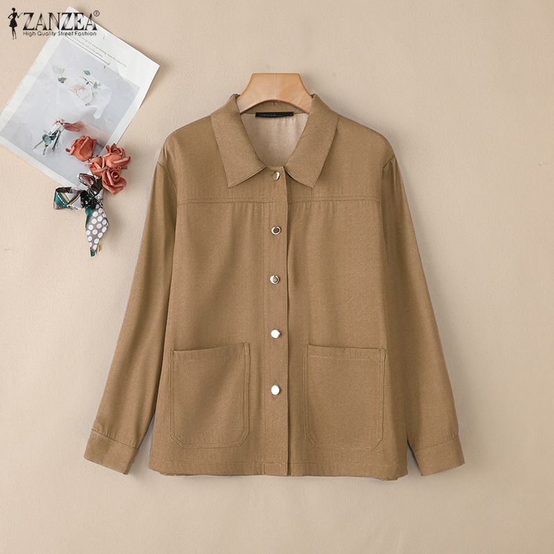 ZANZEA Women Casual Turn Down Collar Loose Long Sleeve Blouse