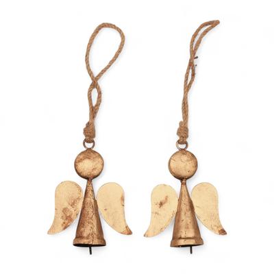 Rustic Gold Guardian Angel Ornaments with Bells 2 Pcs, Handmade 4.5 Inch Christmas Tree Decor for Farmhouse Holiday Memorial Gifts