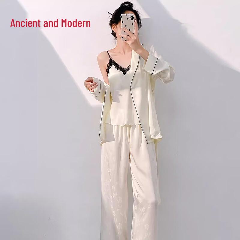 GUJIN Women s Ice Silk Three-Piece Pajamas & Loungewear Set with Padded Chest XL