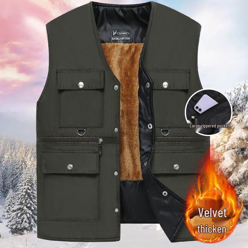 Men's Autumn/Winter Warm Velvet-Lined Waterproof Fisherman Vest, Classic Style, Multi-pocket, Comfortable & Breathable for Middle-aged & Elderly