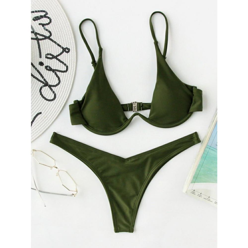 European and American Sexy Bikini Split Gathering Steel Tray Solid Color Swimsuit