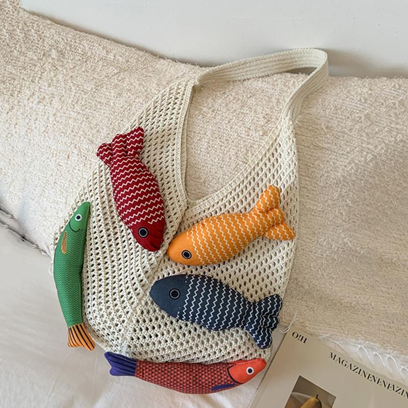 Yogodlns New Fish Cute Crochet Tote Bag Large Capacity Casual Woven Shoulder Bag Multicolor Handmade Knitted Bag