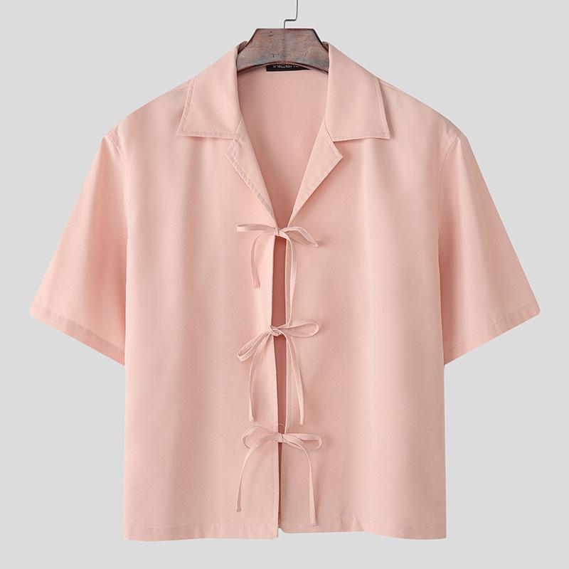 

INCERUN Men Summer Turn-down Collar Short Sleeve Lace-up Casual Shirts S розовый