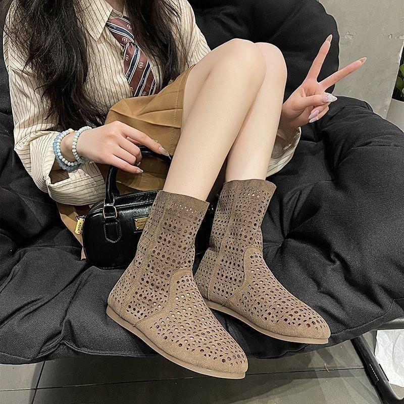 Summer thin flat-bottomed breathable hole boots, new medium tube versatile Martin boots, women's red women's shoes