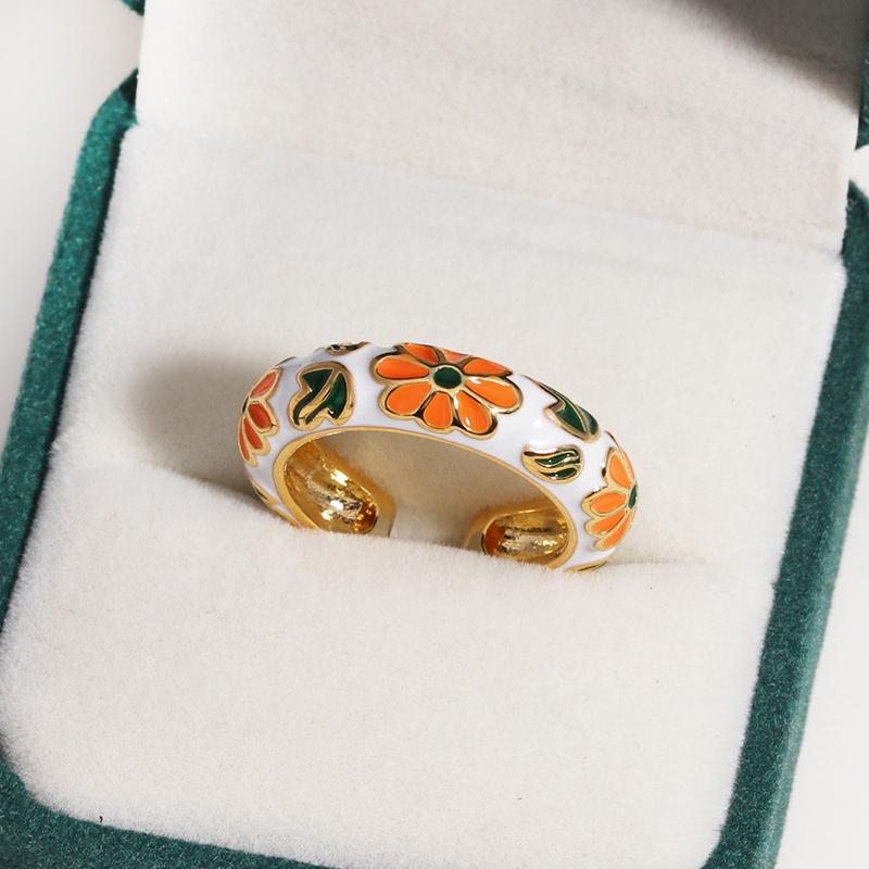 Vintage Colorful Enamel Flower Rings Trendy Geometric Female Minimalist Flower For Ladies Wedding Party Engagement Jewelry Gift