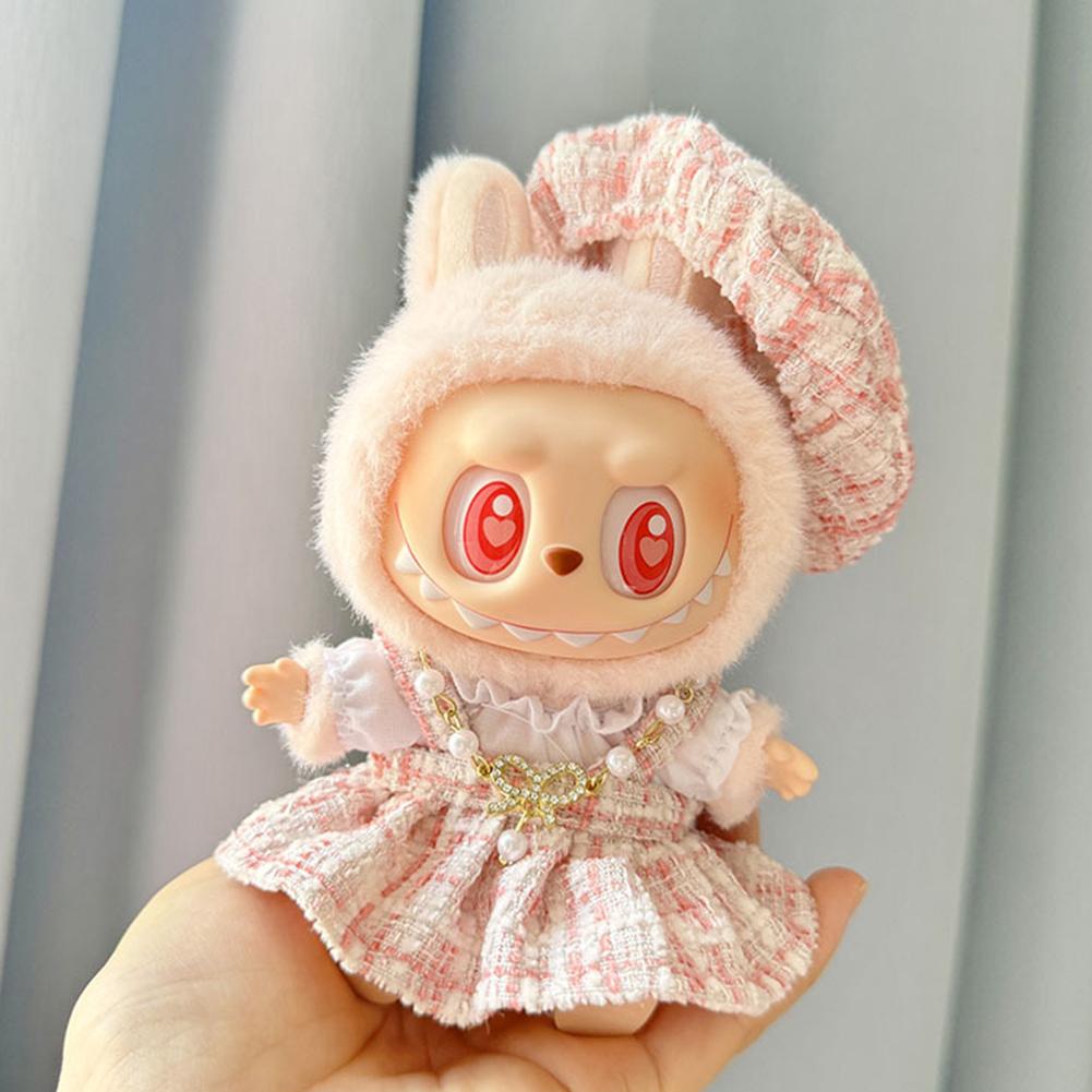 Kawaii Kleiderset für Labubu 17cm Plüschpuppen Outfit Zubehör Plüschpuppen Kleidung Herzschlag Macaron Partypuppen Kleidung Set