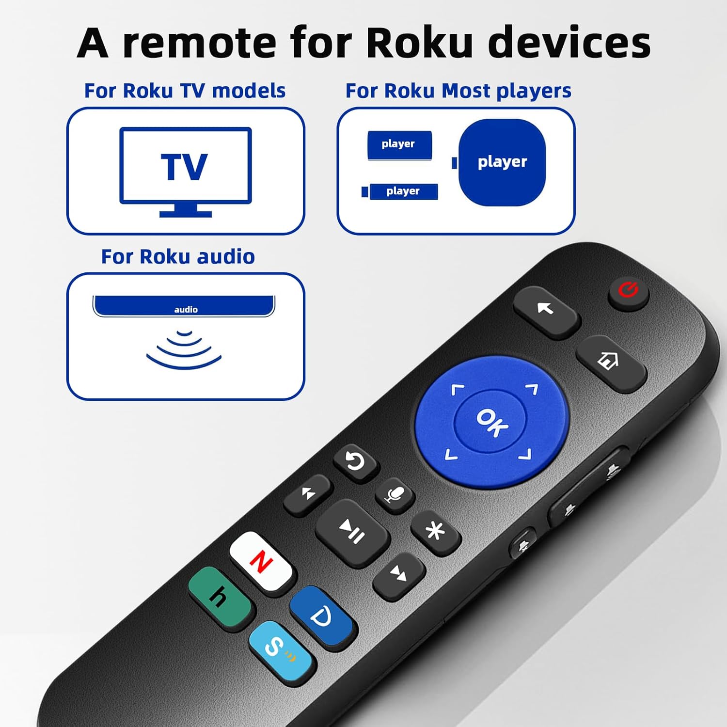 Voice Universal Remote Control, for Roku Stick Remote Replacement, for Roku Streaming Players, Steaming Sticks, Audio and TVs, with 4 App Shorcut