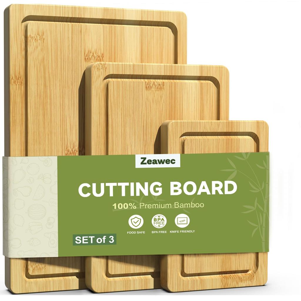 3-Piece Set Bamboo Cutting Board for Kitchen - Crack-Resistant Wood Chopping Boards with Deep Juice Grooves, Pre-Oiled Butcher Block for Meat,