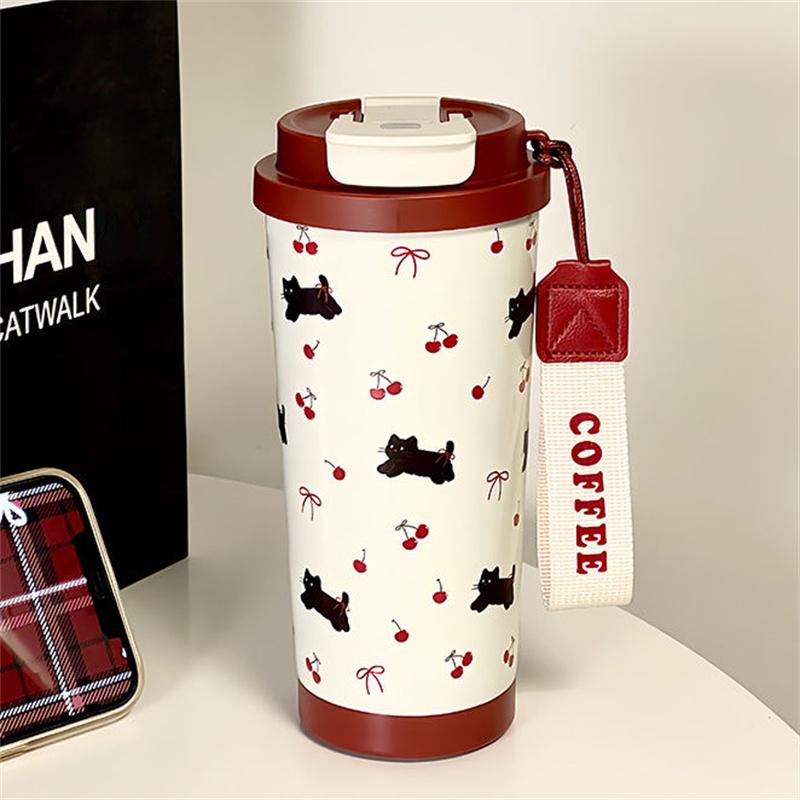 Floral Kitten Design 550Ml Dual-Drink Vacuum Insulated Cup, Large Capacity Portable 316 Stainless Steel Water Bottle