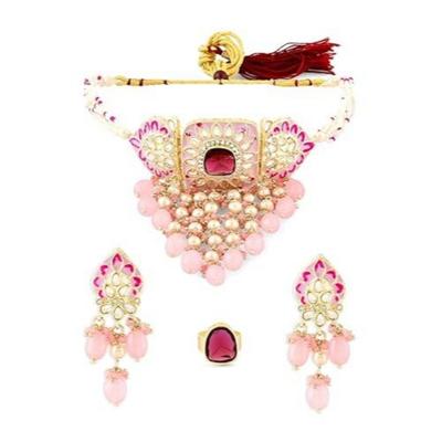 Ružový Meenakari Kaskádový Vodopád Choker Náhrdelník Náušnice & Prsteň Sada Pre Ženy