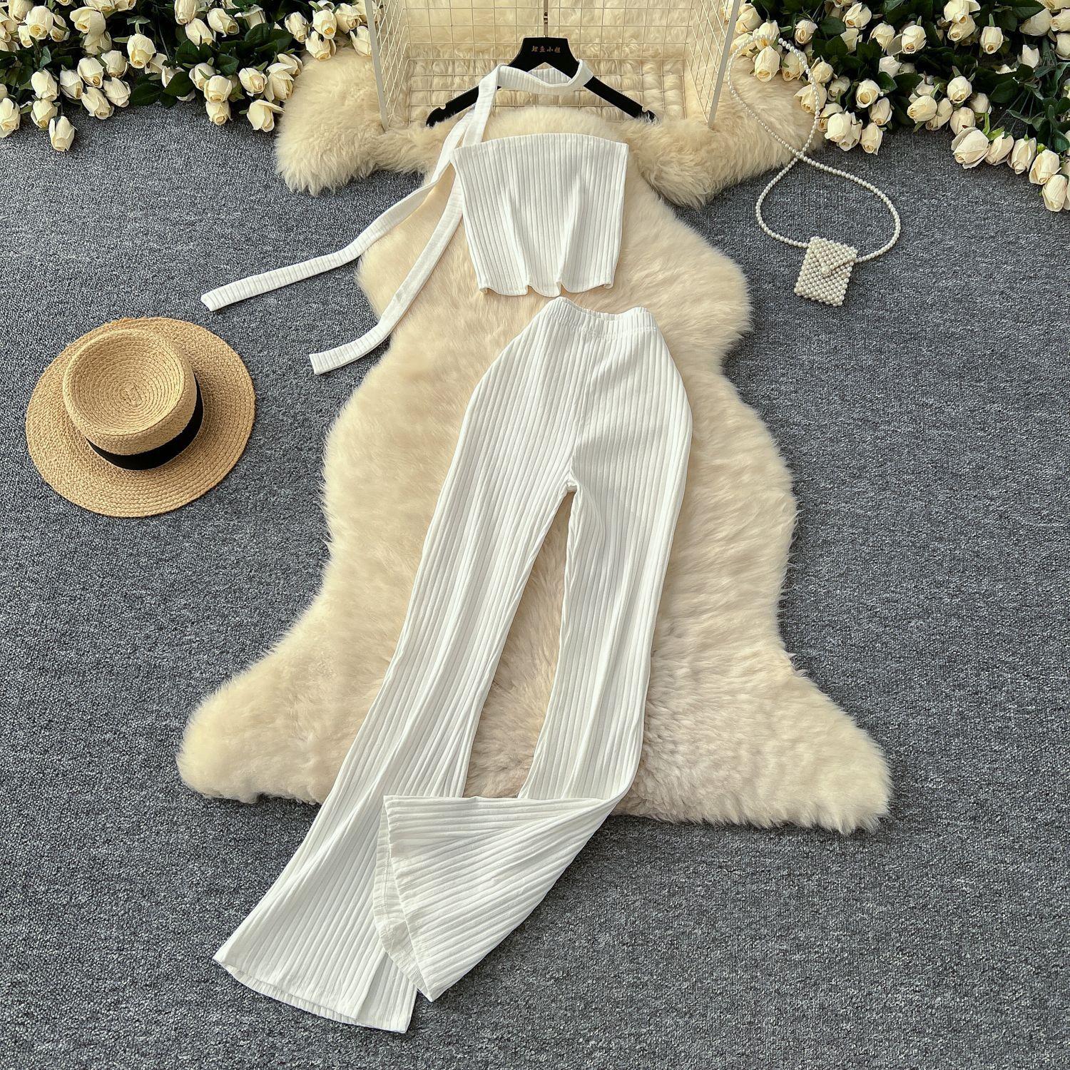 

Сексуальный свисающий воротник развевающийся пояс без рукавов бюстье майка женская с высокой талией тонкий пакет бедра досуг микро брюки костюм One Size белый