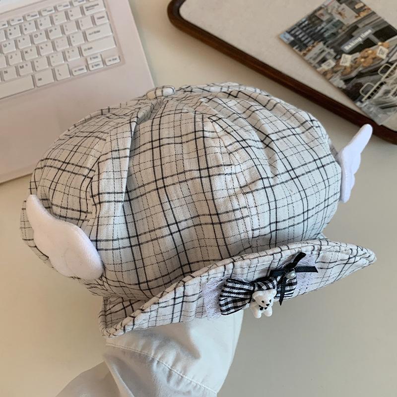 Japanese Cute Plaid Little Bear Wings Cloud Beret Women's Versatile Face Show Small Octagonal Hat Flip Brimmed Painter