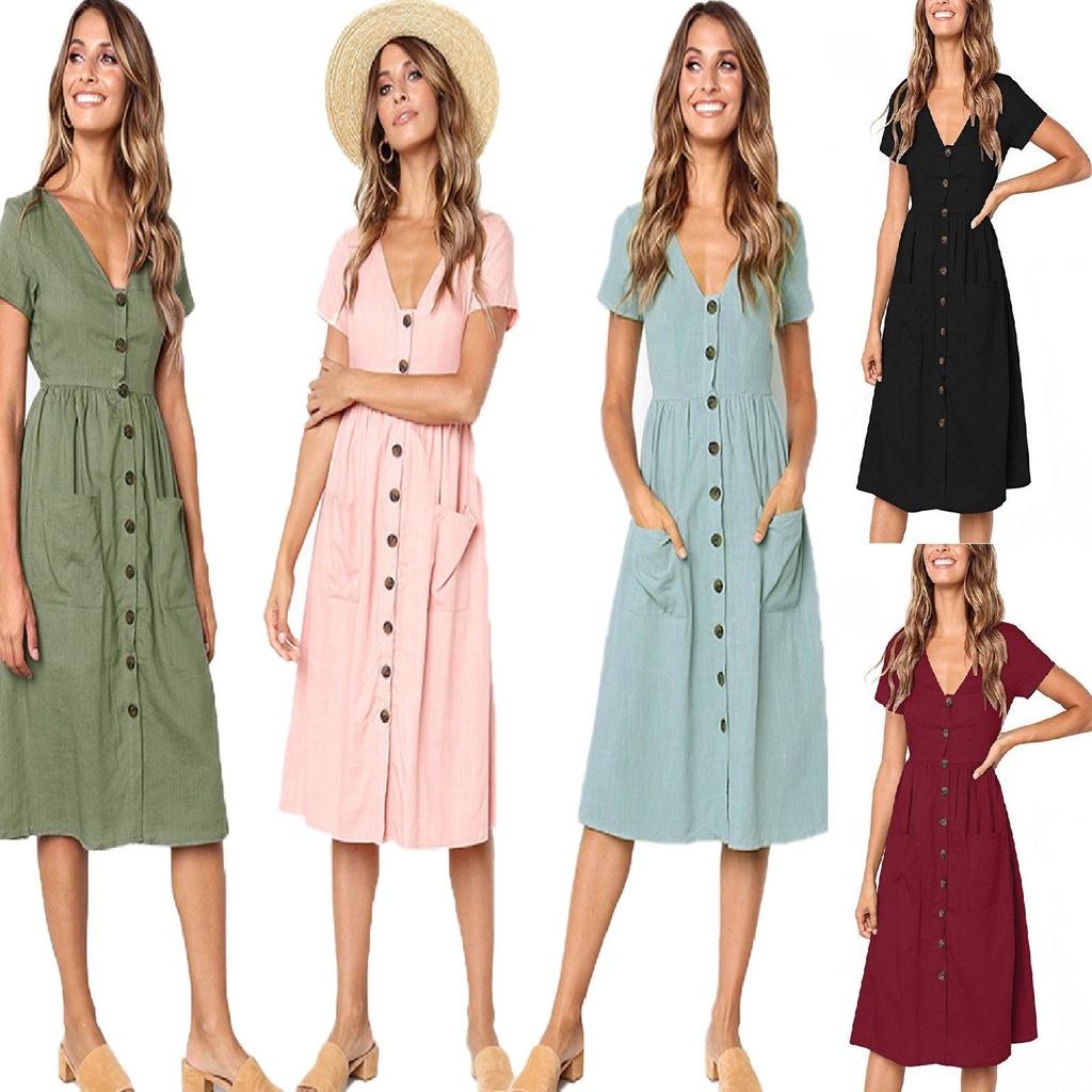 Nrj 2020 Hot Sale V-neck Button-up Short Sleeve Women's Dress With Pockets