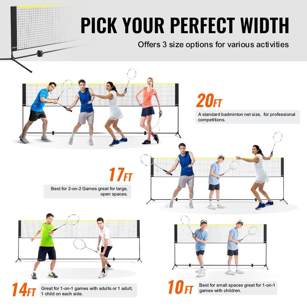 Badminton Net, Height Adjustable Volleyball Net, 20ft Wide Foldable Pickleball Net, Portable Tennis Net Set with Poles, Stand, Bag, Rackets, Nylon