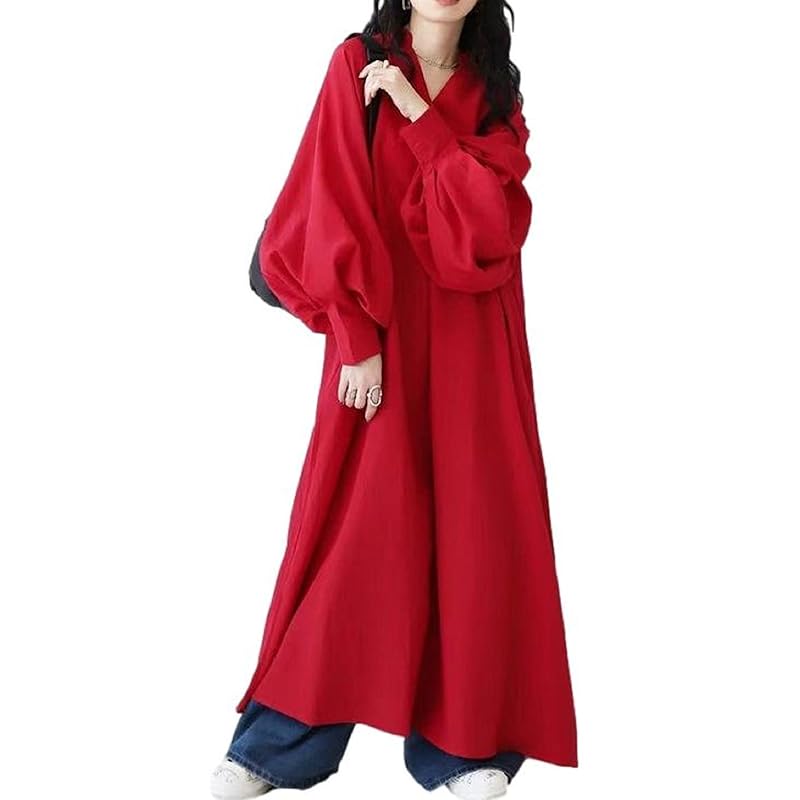 

[1/2style] Nibun Noichi style one piece v neck long sleeve balloon sleeve maxi height long unique tunic body shape cover ladies (Red, M)