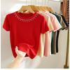 Women's Summer Short Sleeve Knitted T-shirt New Fashion O Neck Beaded Knit Elegant Short Top Female Casual Simple Solid Color Ladies Tshirt 3112