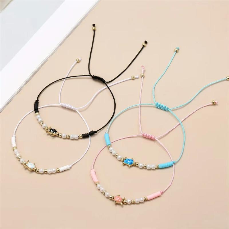 12PCS Cartoon Turtle Bangle Bracelet Set Alloy Painted Beads Pearl Decor Adjustable Friendship Jewelry Gift for Kids Teens