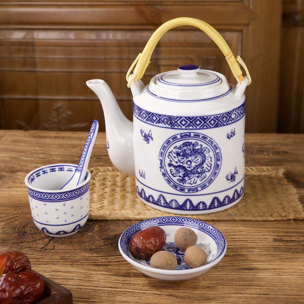 Conjunto Tigela Dragão Porcelana Azul e Branca – Tigelas Cerâmicas para Sopa de Arroz e Macarrão Prato Sob Esmalte