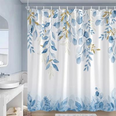 Blue Leaf Watercolor Plant Shower Curtain Modern Minimalist Home Bathroom Decorative Fabric Shower Curtain with Hook