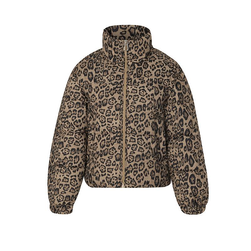 Damen Kurze Winterjacke mit Leopardenmuster und Stehkragen
