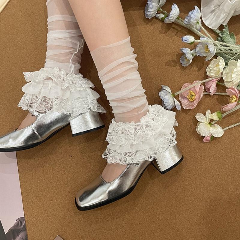 Women Vintage Sheer Mesh Leg Warmer Sleeve Aesthetic Japanese Style Footless Sock Tiered Ruffle Lace Flared Leg Cover