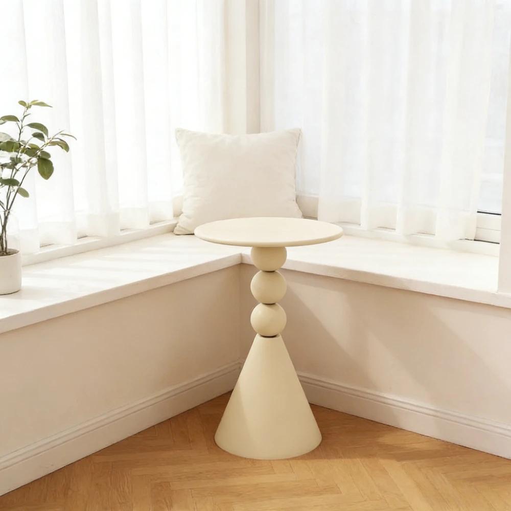 Scandinavian Style Wrought Iron Round Table - Cream White Accent Table for Living Room or Sofa Side, Minimalist & Modern